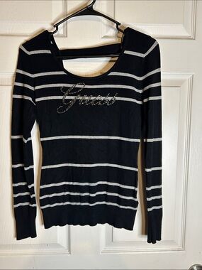 Guess Black and Gray Striped Scoop Neck Sweater with Rhinestone Script